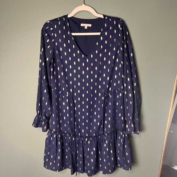 Navy blue dress with gold leaf pattern - Picture 5 of 6